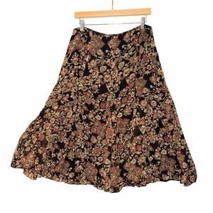 Vintage jones New York signature 100% silk long brown floral skirt large autumn